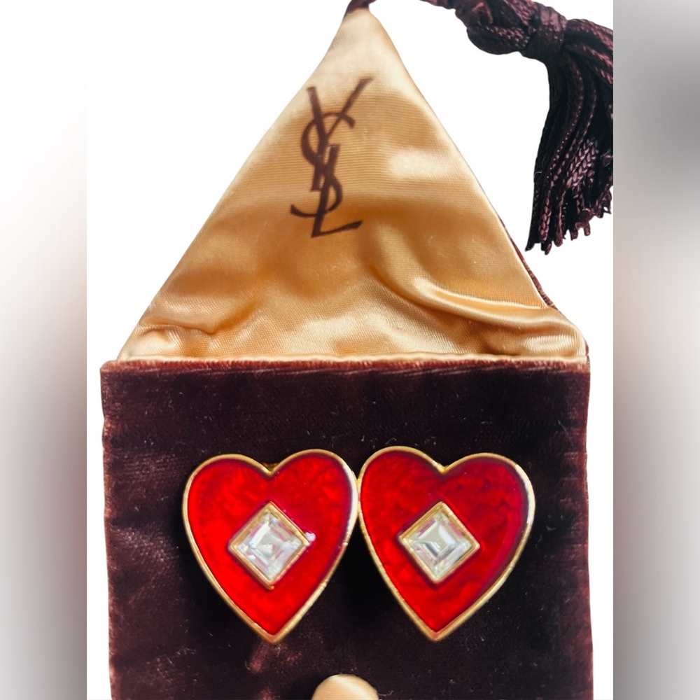 Yves Saint Laurent YSL Vintage Gold Plated Red Enamel Clear Glass Heart Earrings